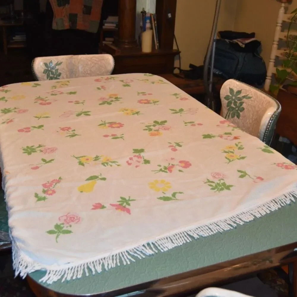Vintage 1950s Terry Cloth Tablecloth Floral Fringe 54x66 Mid Century Cottage